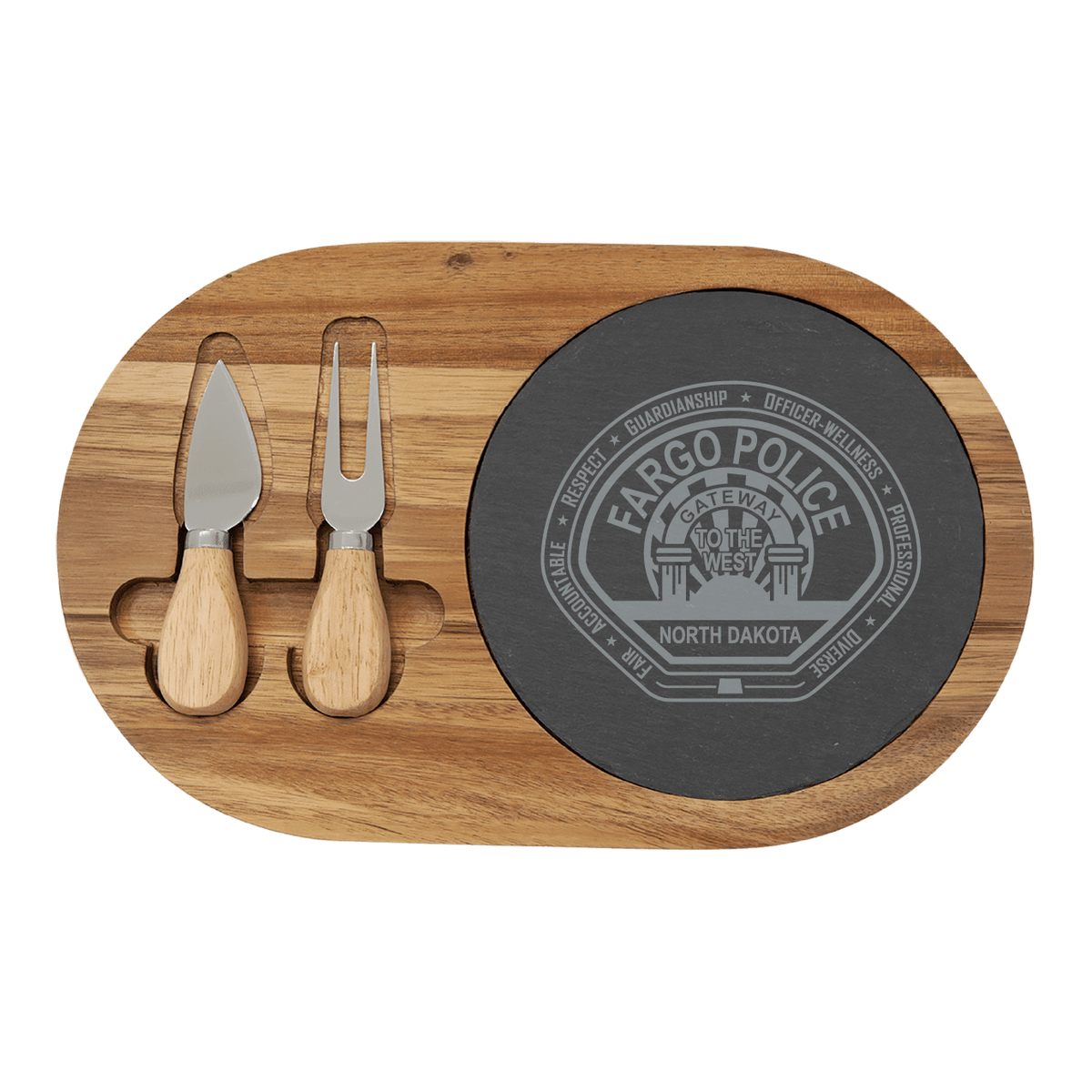 FPD Acacia Wood/Slate Oval Cheese Set with Two Tools (SLT088)