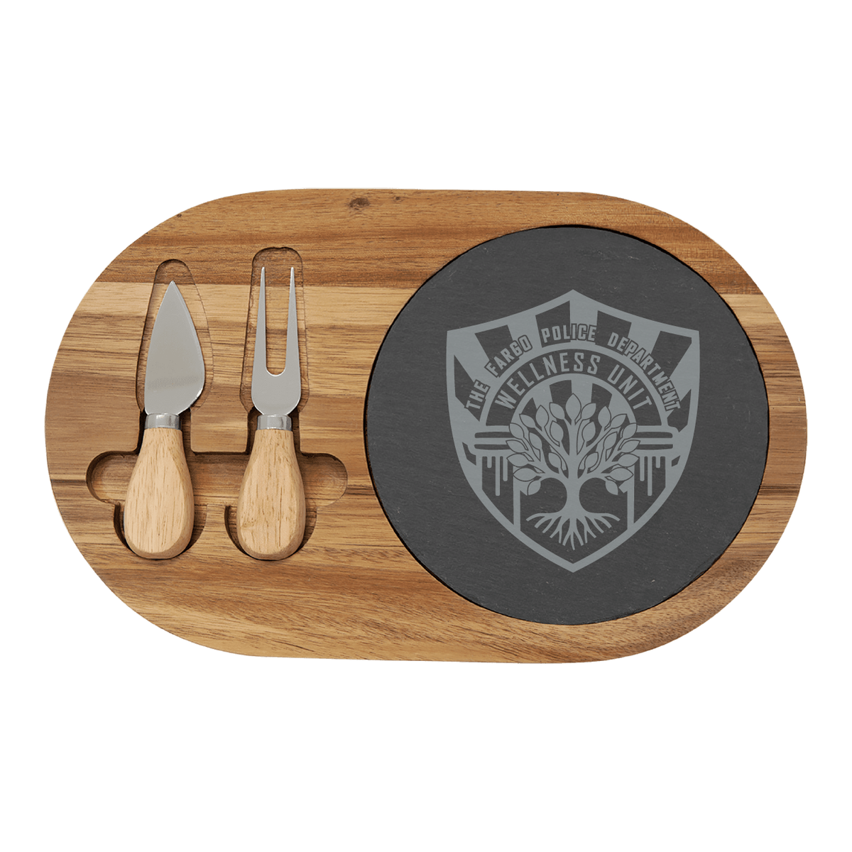 FPD WU Acacia Wood/Slate Oval Cheese Set with Two Tools (SLT088)